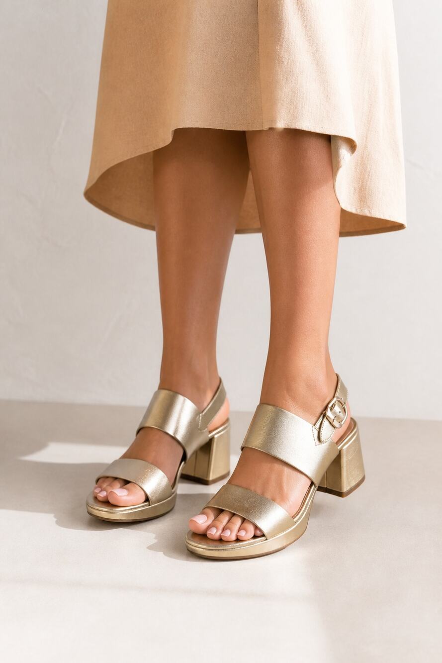 Aerosoles Gold Leather Block Heel Sandals 7.5W - Picture 1 of 8
